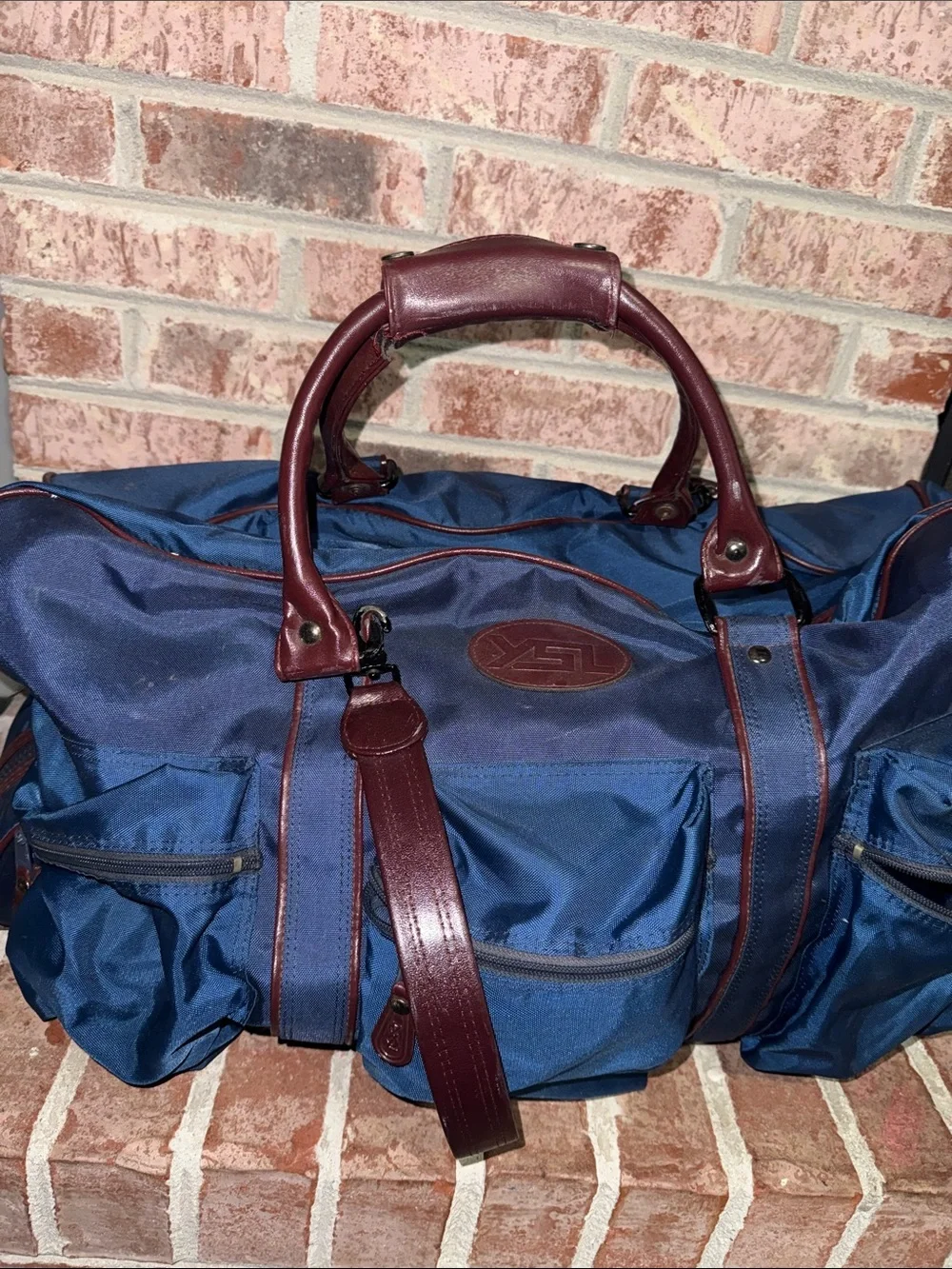 YSL Leather-Trim Navy Duffel Bag with Burgundy Accents